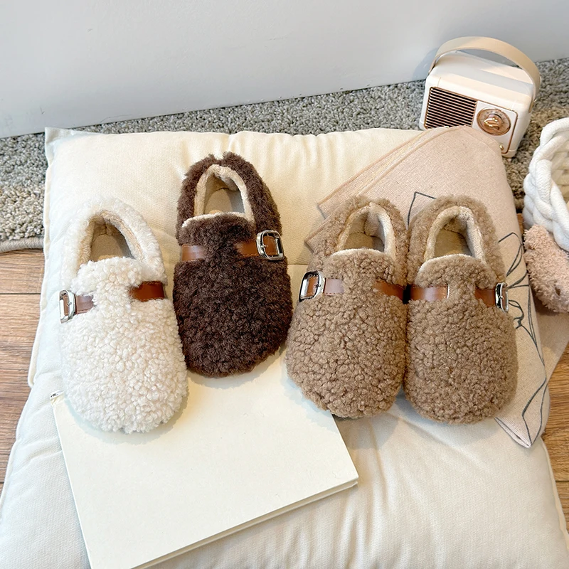 

Winter Children's Shoes 2025 New Girls Fluffy Cotton Shoes Soft Bottom Non-slip Kids Fashion Simple Plush Shoes Trend Versatile