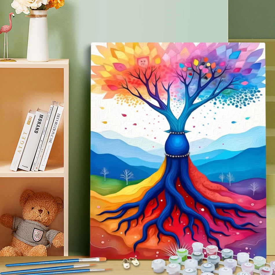 لوحة RUOPOTY بالأرقام رسم شجرة تجريدية رسم بالأرقام لوحة زيتية مرسومة يدويًا على القماش طقم طلاء ديكور المنزل
