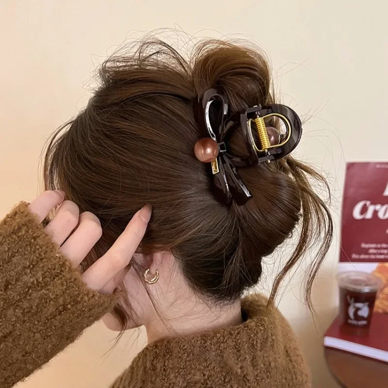 Chocolate Brown Acrylic Bow Hairclaw Clip Headwear for Women Girl Korea Bow Ribbon Large Shark Ponytail Clip Hairpin Accessories