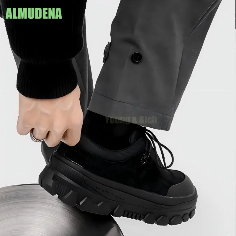 Men Outdoor Platform Sneakers Suede Fabric Splicing Toe Cap Lace Up Low Top Retro Casual Trekking Street Daily Walking Footwear