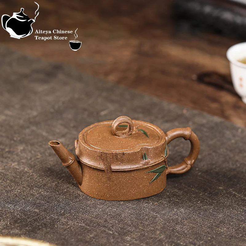 Yixing-Handmade Purple Clay Pot, Raw Mine Gold, Descending Slope, Bamboo Knot, Tea Set, Chinese Tea Pot, 90ml Small Capacity