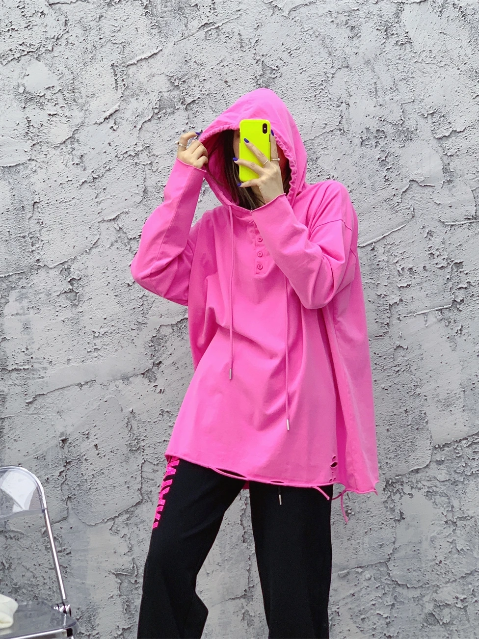 Solid Color Loose Mid-Length Cotton Long Sleeve T-shirt Top Women's 2023 Spring and Autumn New Hooded Ripped Bottomming Shirt