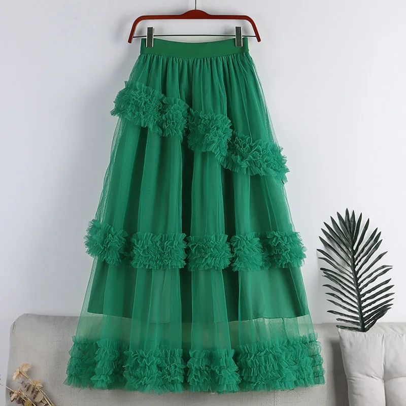 2024 Sweet Cake Tulle Skirt Women Elegant Midi Long High Waist A Line Skirt Trendy Female Winter Yellow Green Party Skirt Lady