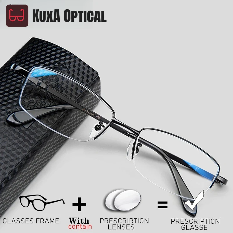 

KUXA полуочки для мужчин, оптические очки для близорукости и дальнозоркости, линзы по рецепту 1,56 1,61 Vision, металлические очки для правильного чтения