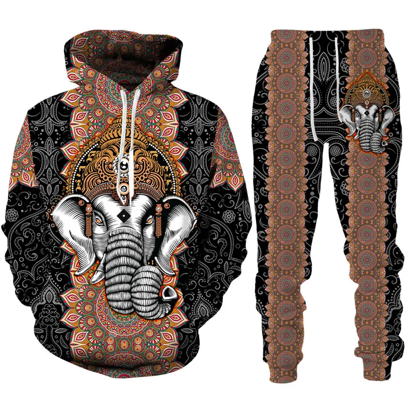 Autumn African Elephant 3D Printed Hoodie Suit Men Sweatshirts Sweatpants Casual Fashion Two Piece Tracksuit Set Men\'s Clothing