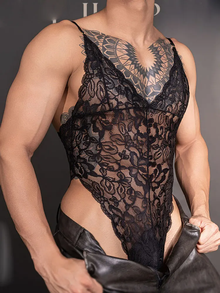 

Сексуальные мужские кружевные комбинезоны с пряжкой и открытой промежностью на бретельках, боди, топы, трико Sissy, мужские колготки с открытой спиной, прозрачные Allure