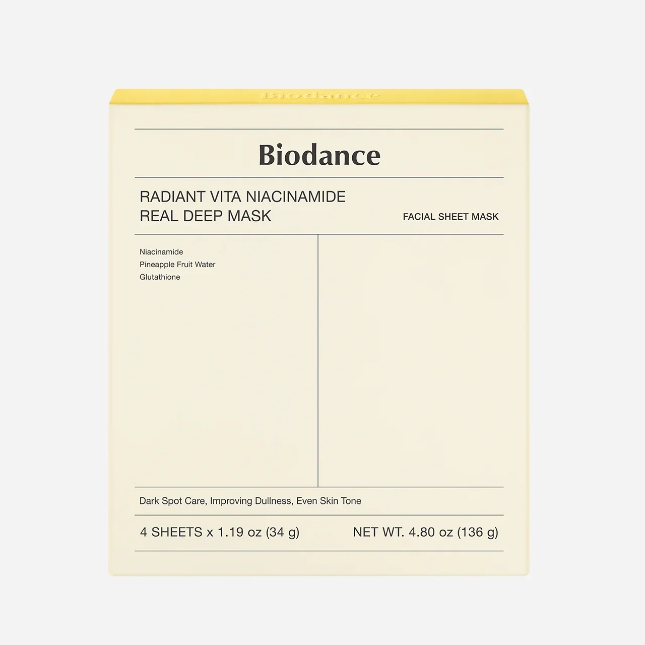 

BIODANCE Radiant Vita Niacinamide Real Deep Mask Deep Nourishing Whitening Anti-Aging 34g x4ea