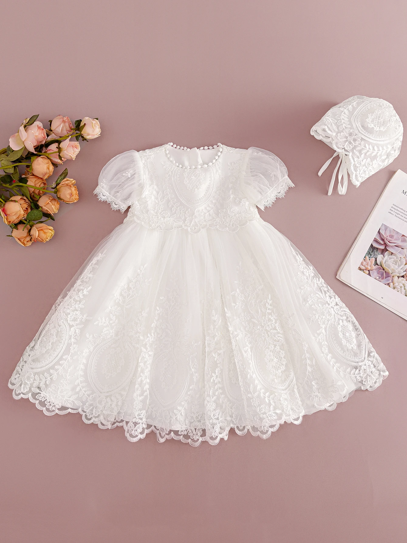 Baby Girl's High-quality Embroidered Long White Christening Dress with Little Gauze Dress