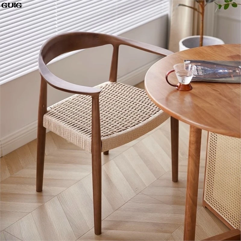 GUIG Japanese Casual Armchair Study Chair Tea Room Negotiation Chair Kraft Paper Rope Double-sided Braided Rope Dining Chair Hot