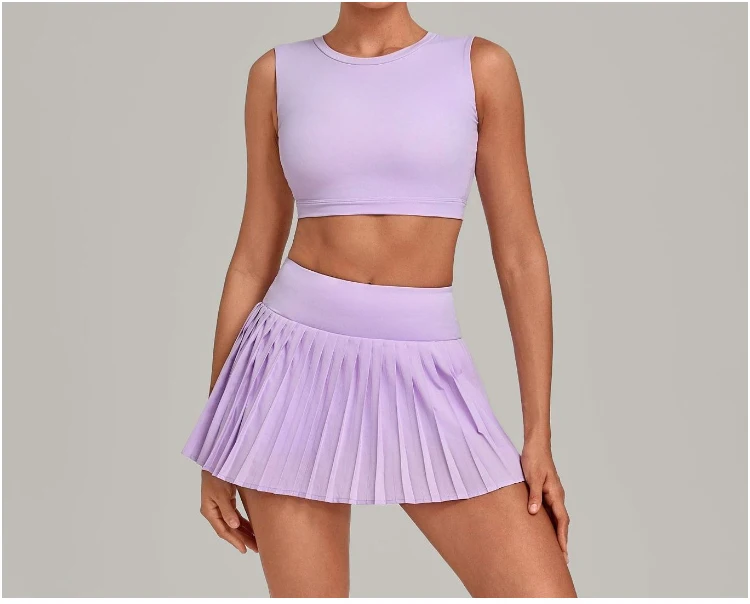 VITALINOVO Tennisrock-Sets für Damen, Rundhals-Camisole-Oberteil, passend dazu hochtaillierter, plissierter Sportrock für Damen, ideal für Tennis, Golf und Workouts – Detail 7
