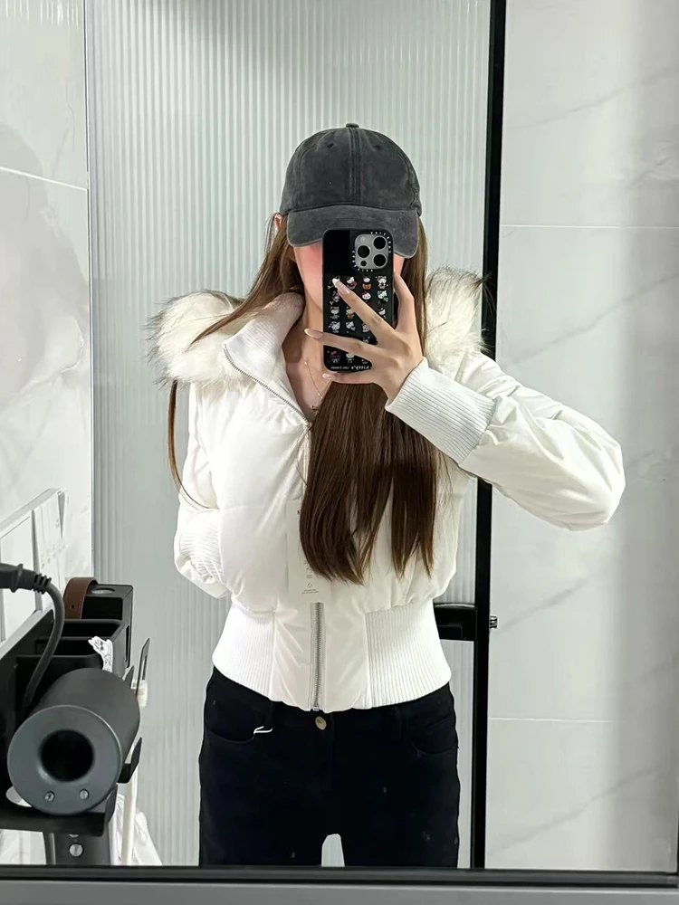 Y2K Faux Fur Collar Hooded Parka Women Winter Thick Slim Crop Down Jacket Fashion Female Streetwear Long Sleeve Zipper Coats New