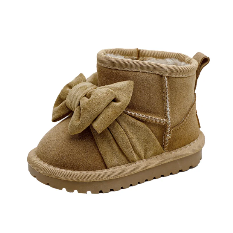

Новинка 2023 года, зимние детские зимние сапоги для девочек, кожаная теплая плюшевая обувь с узлом-бабочкой, нескользящие модные детские ботинки для малышей
