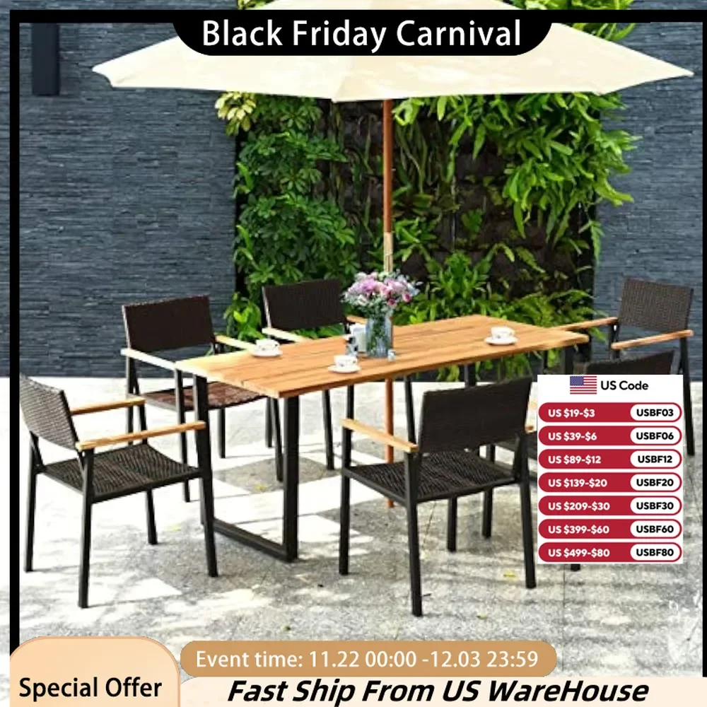 

7 Pcs Patio Dining Table Outdoor Furniture Set, 6 Rattan Wicker Chairs with Cushion, Dining Table with 1.65'' Umbrella Hole