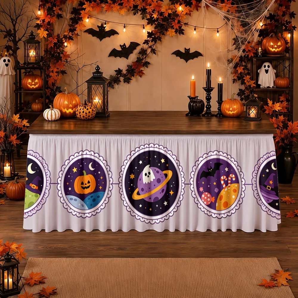 One table skirt. Halloween space-themed table skirt with whimsical printed polyester depicting an imaginative universe.