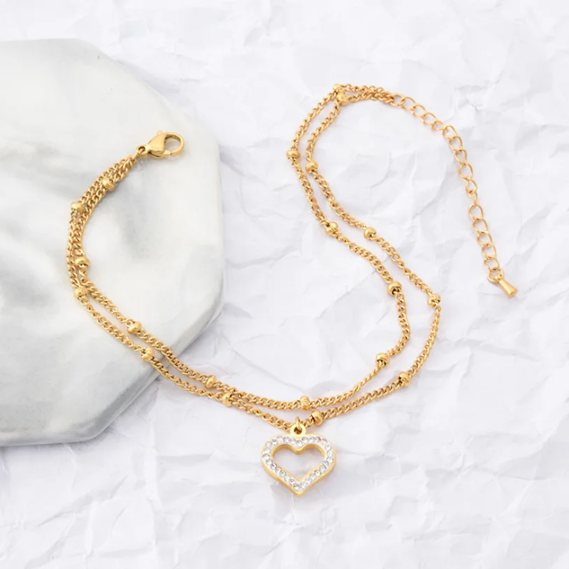 316L Stainless Steel New Fashion High-end Jewelry Embedded Zircon Love Heart Shape Charm 2 Layer Beaded Chain Anklet For Women