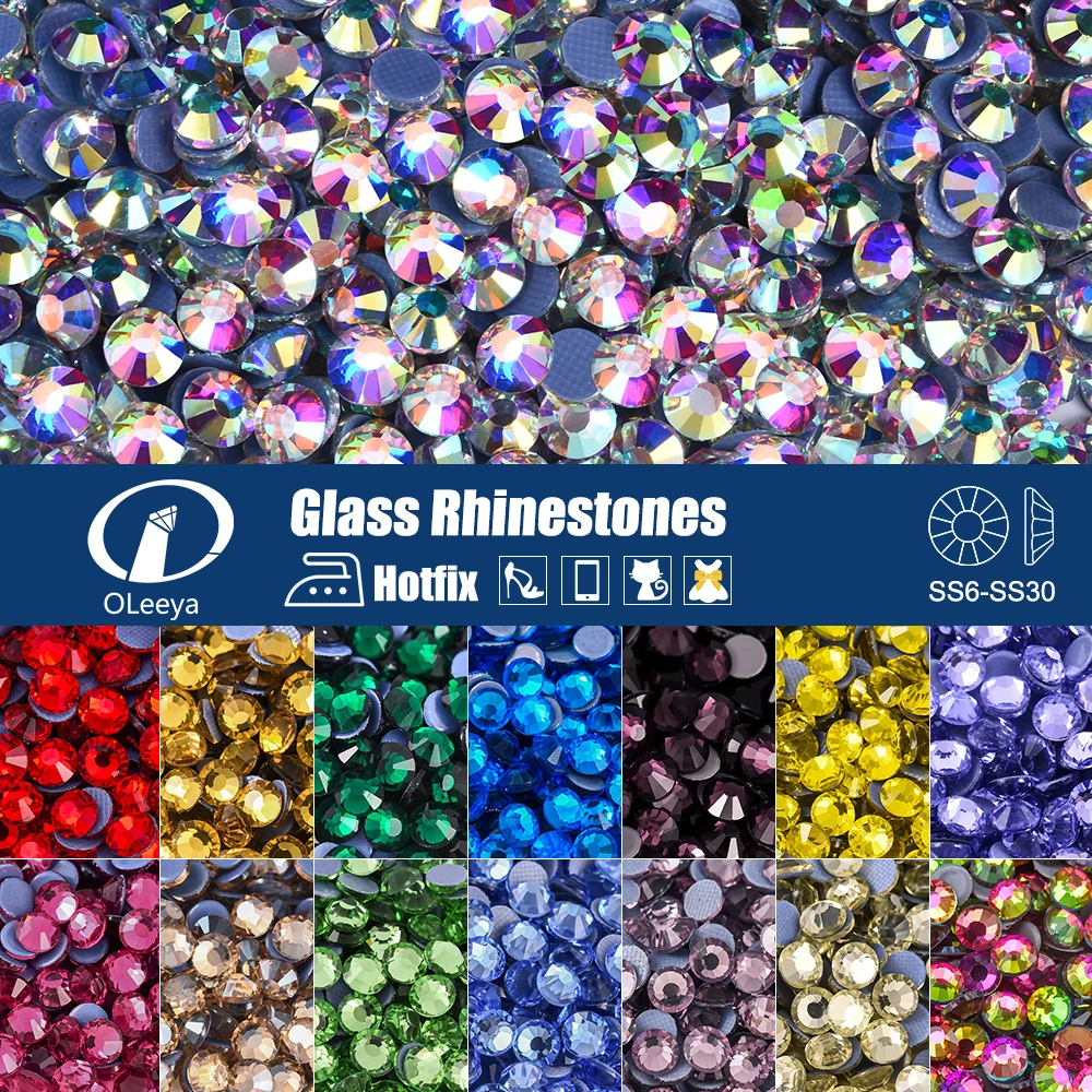 Oleeya High QualitySS6-SS30 Glass Crystal Hot Fix Rhinestones Flatback Iron On Stones For DIY Nail Art Fabric Clothes Decoration