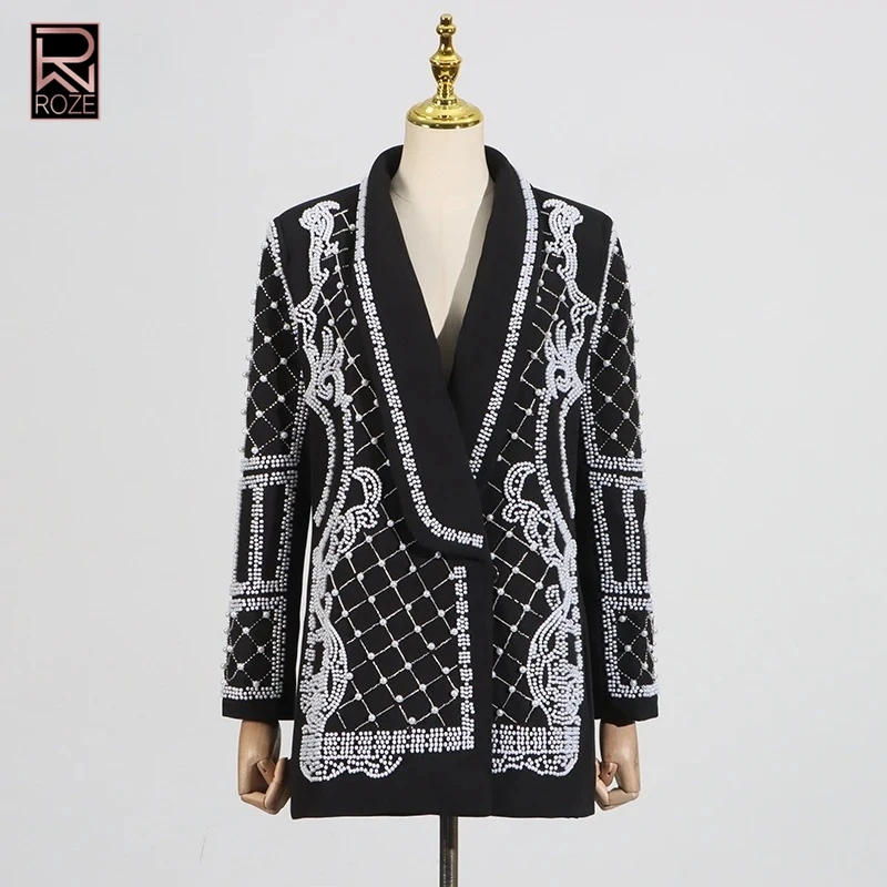 

Solid Slimming Spliced Bead Blazer For Women Lapel Long Sleeves Patchwork Single Botton Temperament Coat Female Fashion New