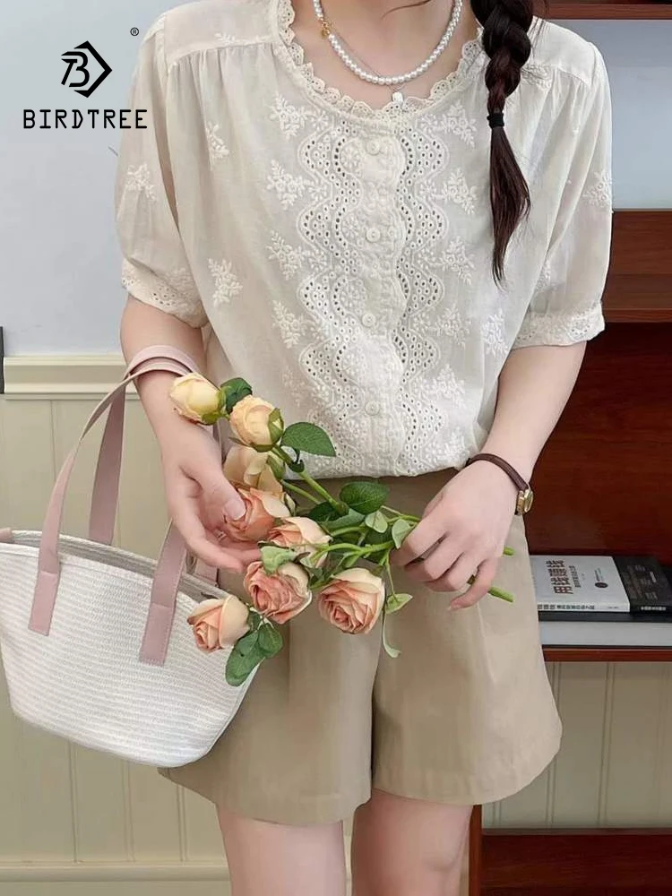 

New Summer Cotton Casual Short Sleeve Shirt Women O Neck Wave Lace Embroidery Tops Girl Loose OL Blouses 2024 Autumn T458108QC