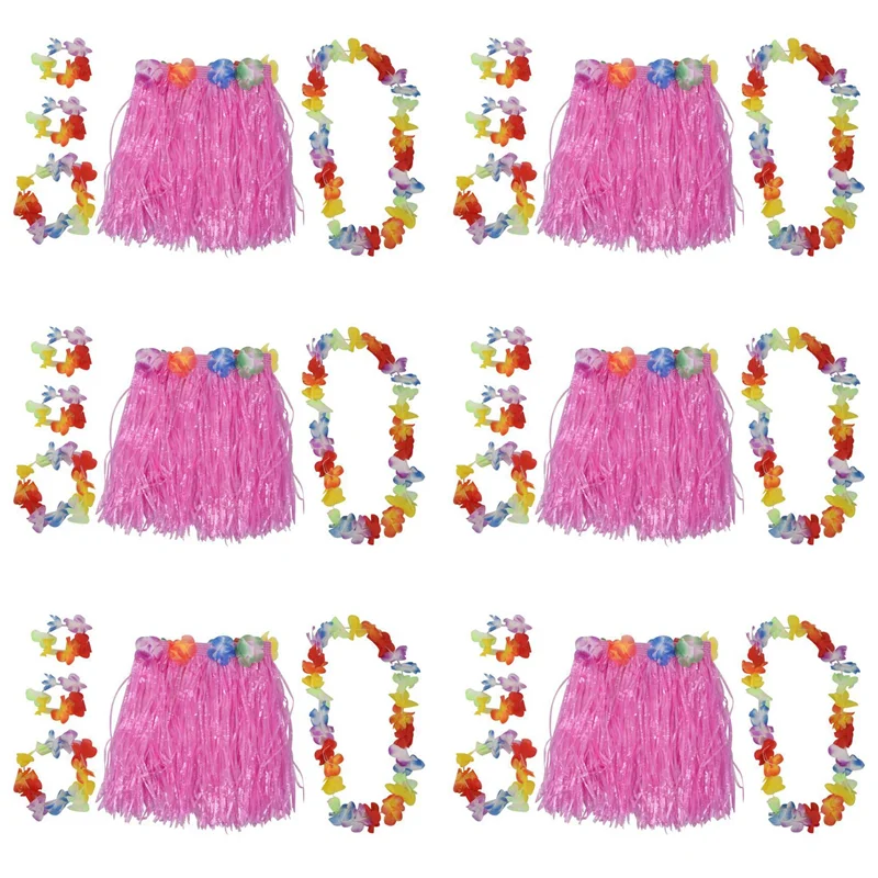 ASDS-6X Conjunto Rosa Crianças Saia de Erva Havaiana Hula Luau Party