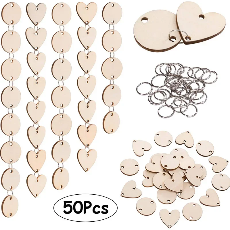 50Pcs Wooden Circle Heart Tags Hanging Decor with Hole Rings Christmas Wooden Ornaments DIY Arts Crafts for Birthday Board Decor