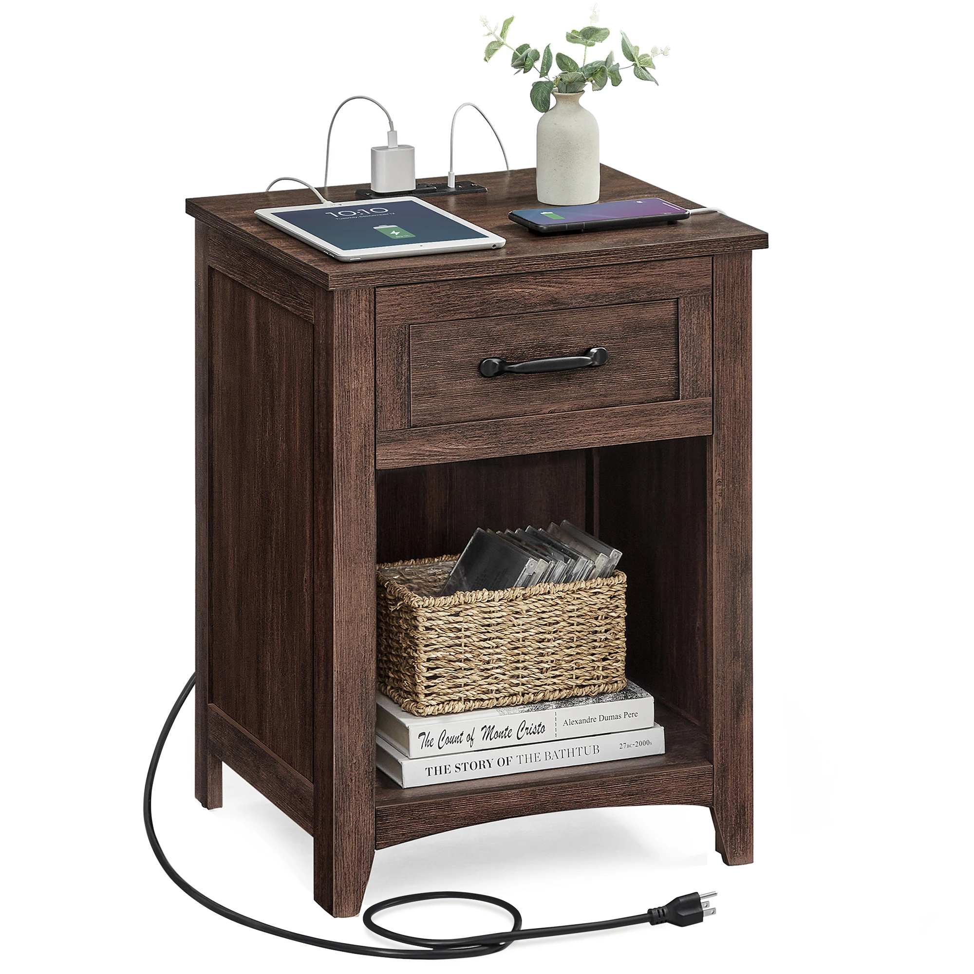 

VASAGLE Farmhouse Nightstand with Charging Station, Bedside Table with Drawer, Open Compartment, Side Table with Storage