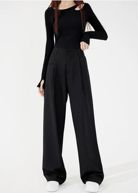 2025年新作通勤レトロブラックハイウエスト細身スーツストレートドレープモップワイドレッグヨーロッパとアメリカ