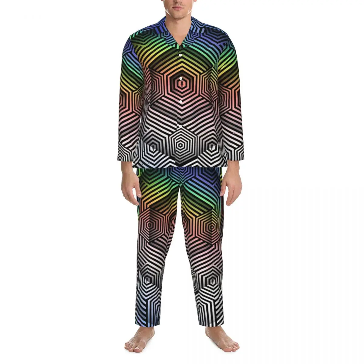 

Ombre Geometry Pajamas Male Optical Art Comfortable Home Nightwear Autumn 2 Pieces Casual Oversized Printed Pajama Sets