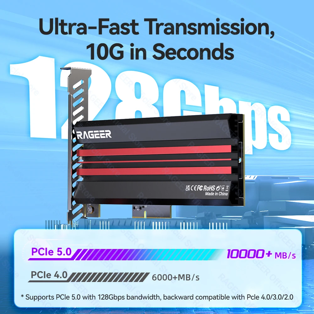 RAGEER PCIe 5.0 M.2 NVMe 어댑터-128Gbps 대역폭, 2280/60/42/30 SSD와 호환, PCIe 4.0/3.0/2.0과 호환
