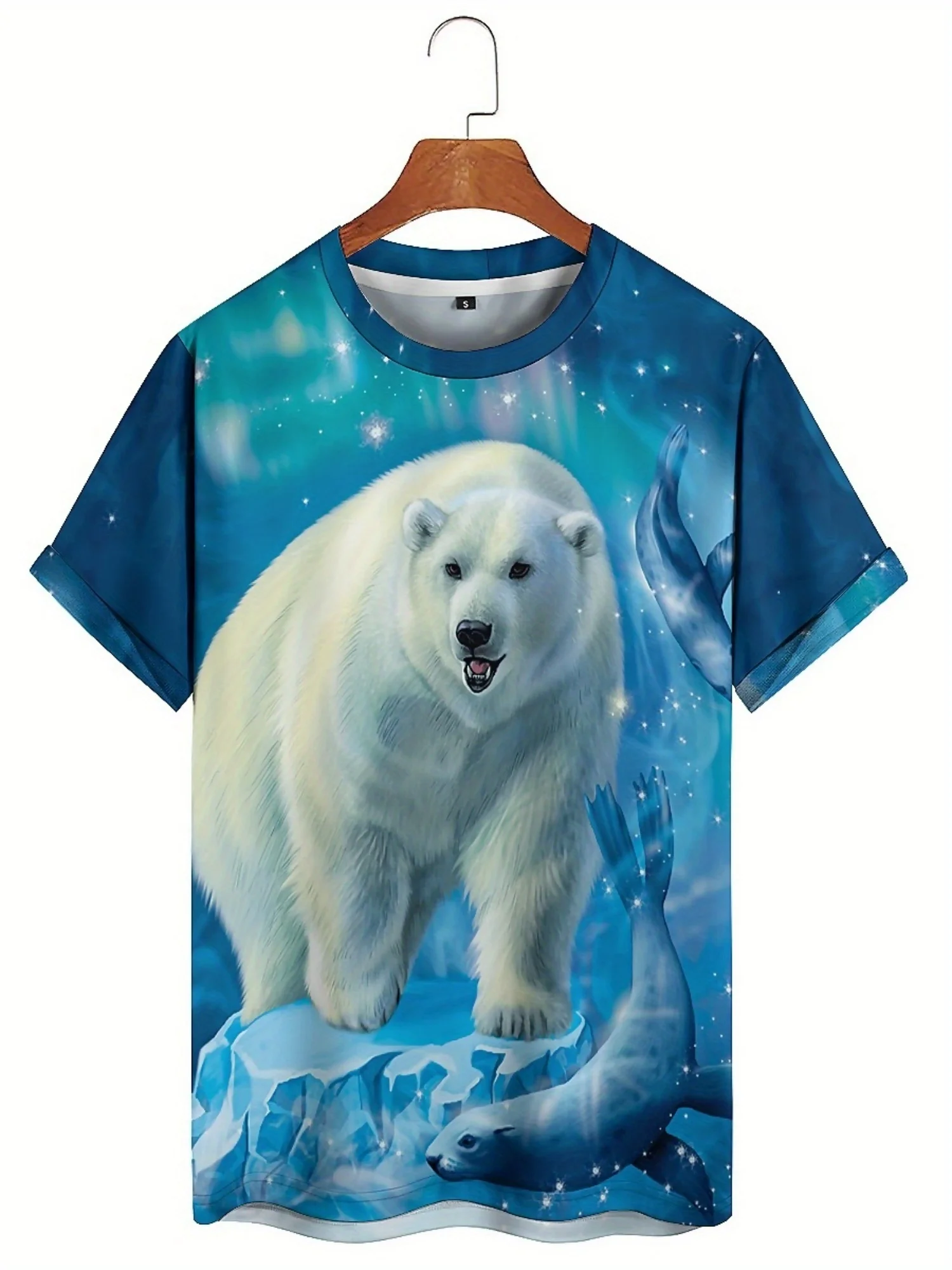 Men'S Plus Size Polar Bear 3D Print T-Shirt - Cool Hip-Hop Style, Blue Arctic Scene with Glacier & Foliage, Short Sleeve