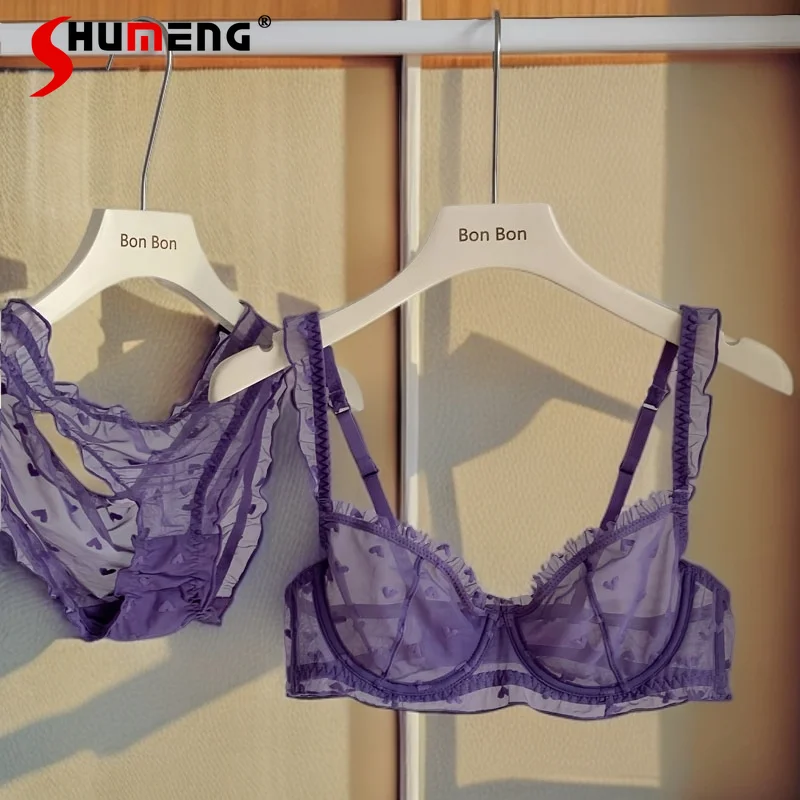 

Purple Polka Dot French Style Intimates Women's Sexy Sheer Lace Pure Desire Bra Sets Female Thin Underwear Brief Suits