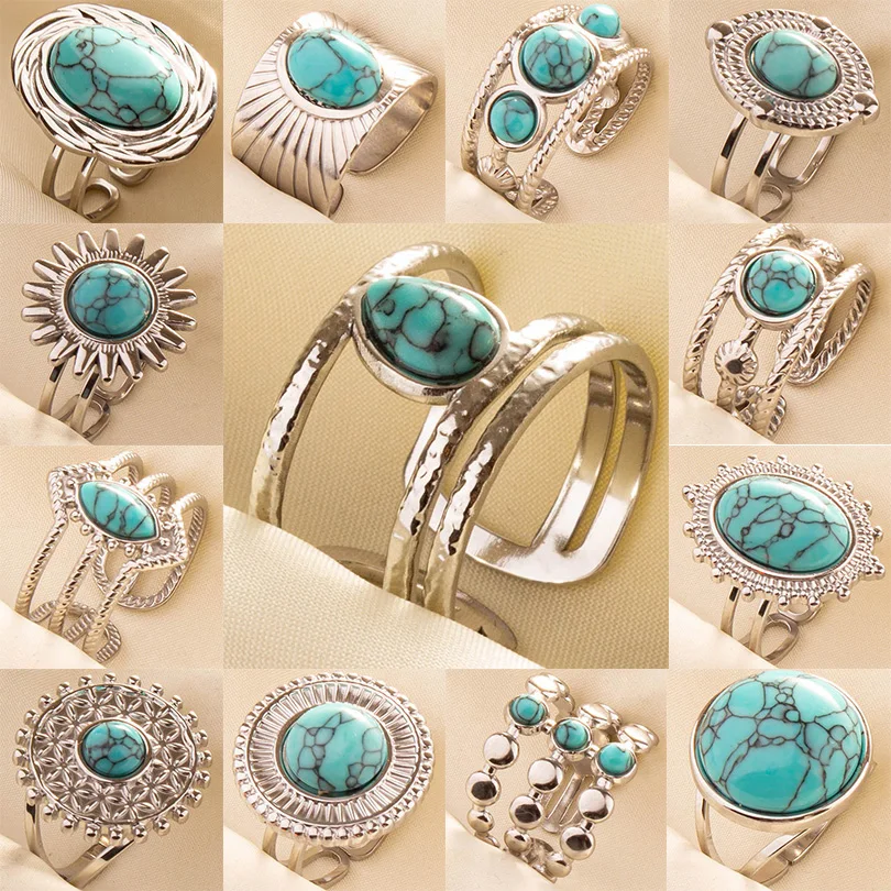 5PCS Artistic Bohemia Light Blue Stone Turquoise Open Ring Adjustable Finger Stainless Steel Rings Boho Jewelry Gifts For Women