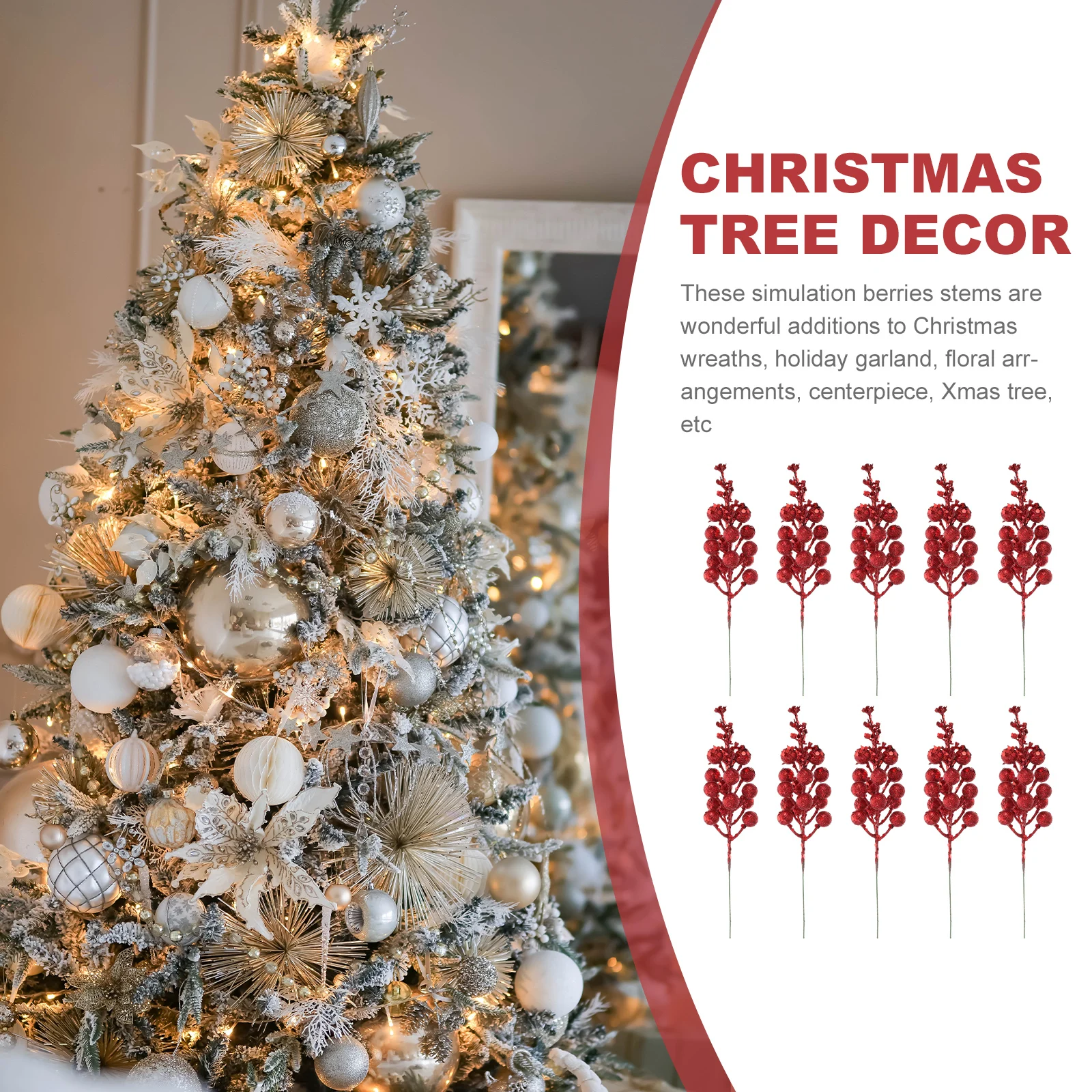 

10pcs Artificial Stems Glitter Fake Berry Picks Christmas Decorations Xmas Winter Holiday Diy Home Party Simulation