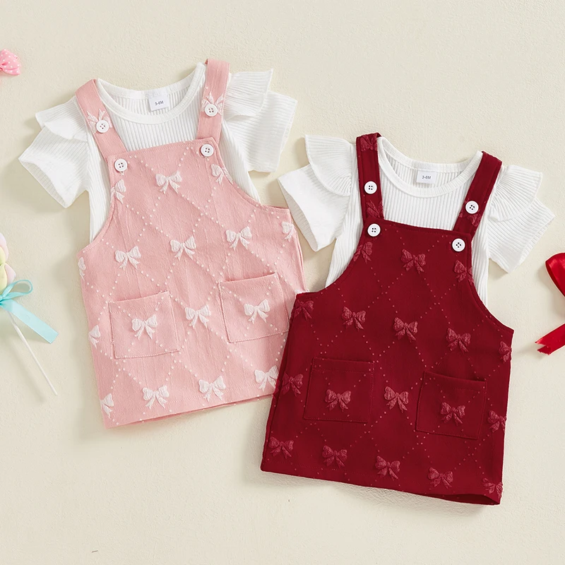 

Baby Girls Summer Infant Solid Ribbed Short Sleeve Romper Bow Pattern Overall Dress 2 Pcs Newborn Clothes Set