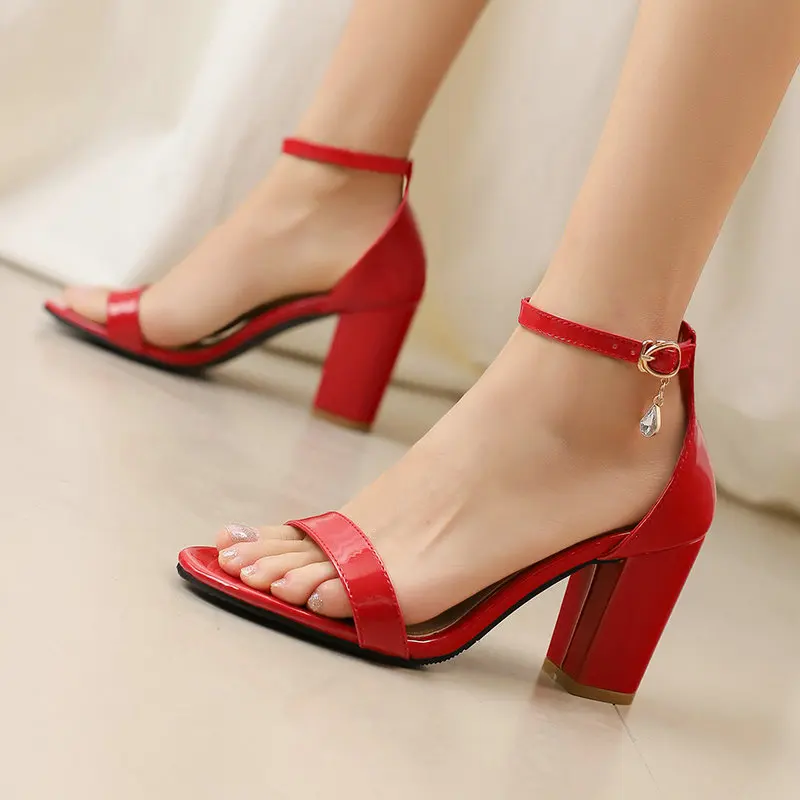 Patent Leather PU Open Toe Women Block High Heels Classic Summer Shoes Plus Size 46 47 48 Wedding Bride Ladies Red Blue Sandals