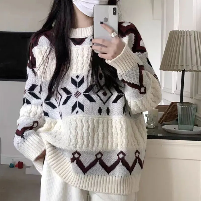 Vintage Casual Knitted Sweaters Women\'s Clothing Long Sleeve Autumn Winter Commute Loose Basic Stylish Jacquard Weave Jumpers