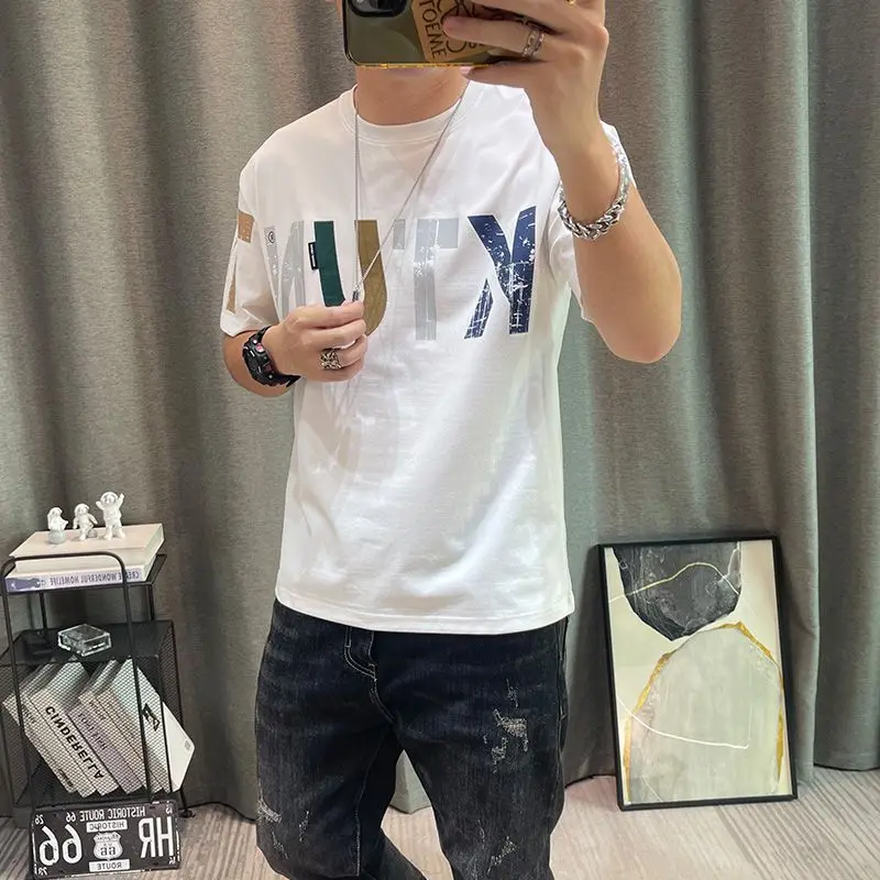 2023 Summer New Fashion Street Letter Printing T-Shirts Man Korean Style Round Neck Short Sleeve Loose Casual Cotton Pullovers