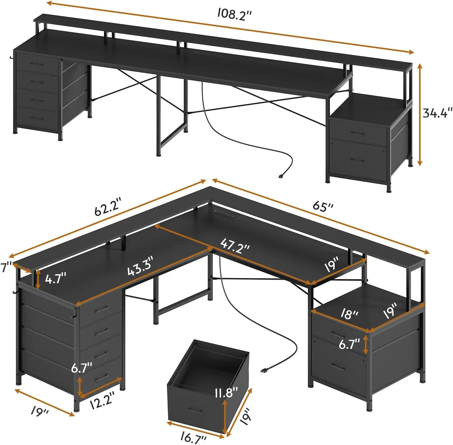 Bureau en forme de L avec 6 MELs, bureau d'ordinateur d'angle, noir, bureau à domicile avec fichier et prise de courant, 108 po