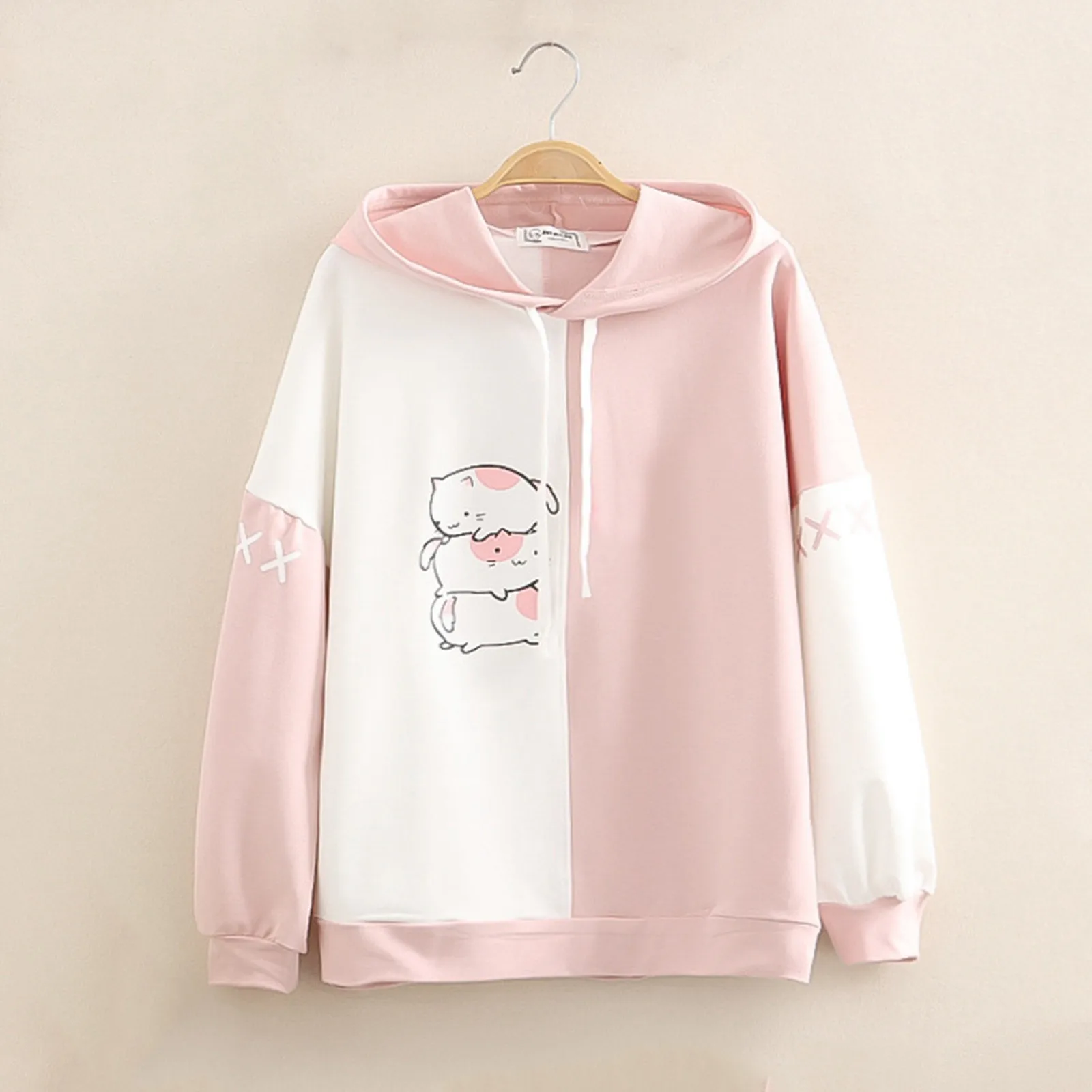 Harajuku Blue Pink Sweet Sweatshirt Hoodies Cartoon Cat Printed Hooded Women Winter Thick Warm Female Cute Kawaii Tops Tracksuit