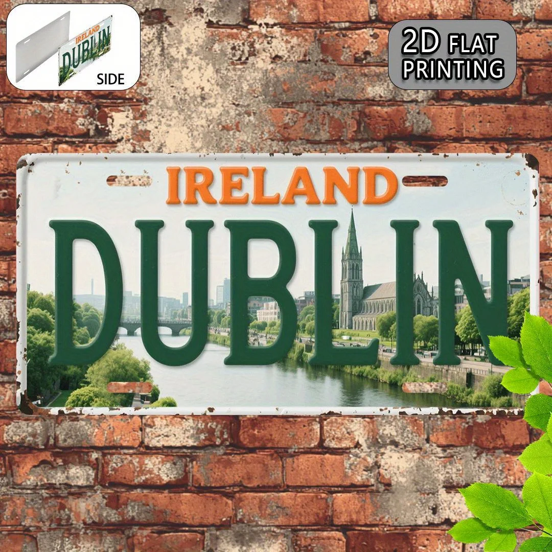 Dublin Ireland River Liffey & St. Patrick's Cathedral License Plate Style 2D Flat Printing Metal Tin Sign, Emerald Isle Trave