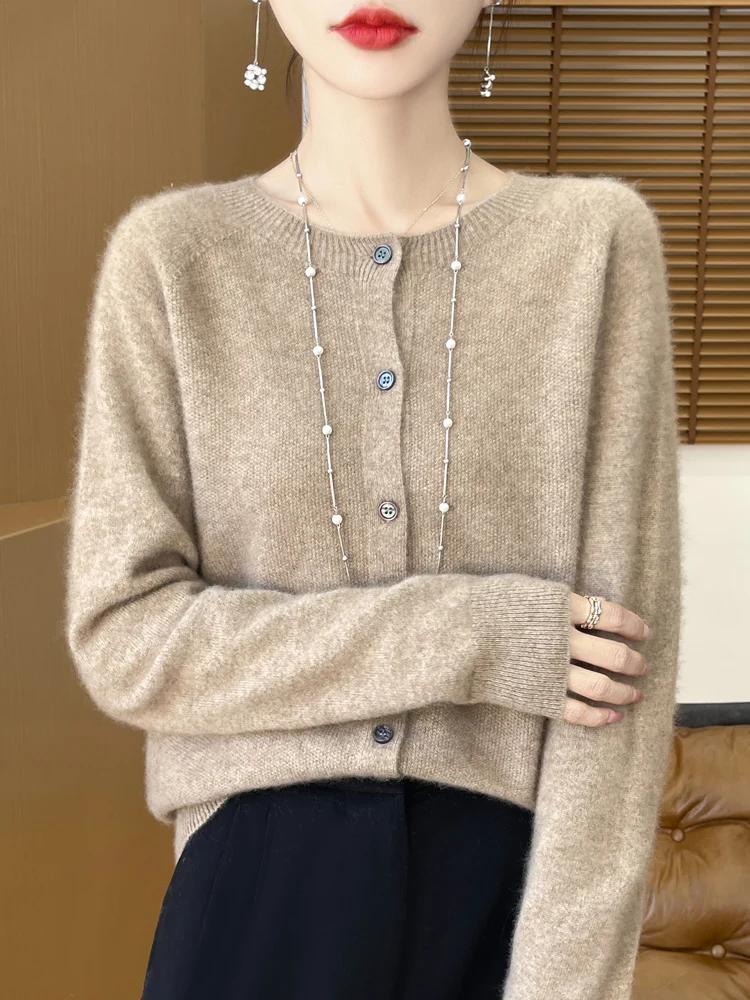 

Women's Gentle Soft Warm Buttons Cardigan 100% Merino Wool Knitted Sweater Casual Loose O-Neck Solid Long Sleeve Clothing Tops