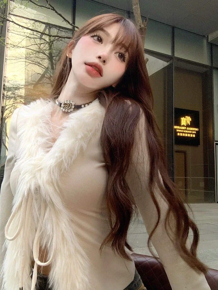 

Милый кардиган для женщин, туника с длинными рукавами на шнуровке, пушистый Sueter Mujer, корейский темпераментный вязаный свитер, топы Y2k