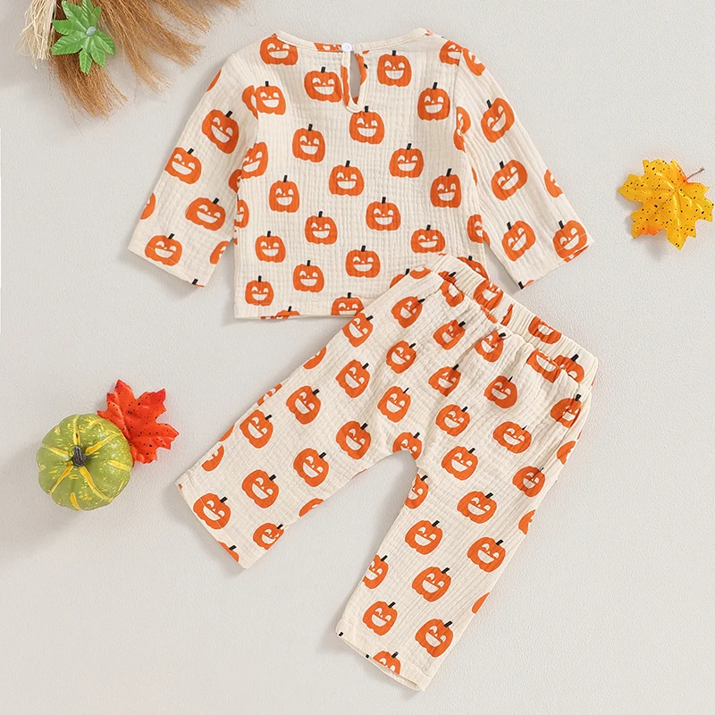 Lindos disfraces de Halloween de 2 uds., adorables camisas de manga larga con estampado de bruja fantasma, conjunto de pantalones, ropa infantil para truco o trato