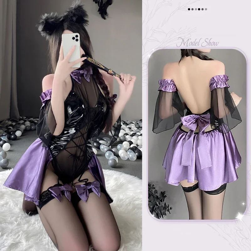 Genshin-Cosplay de pescado de impacto, vestido de sirvienta de Halloween, ropa de dormir Lolita para niñas, soporte sin espalda, mono de cuero de látex, conjunto de lencería MN4