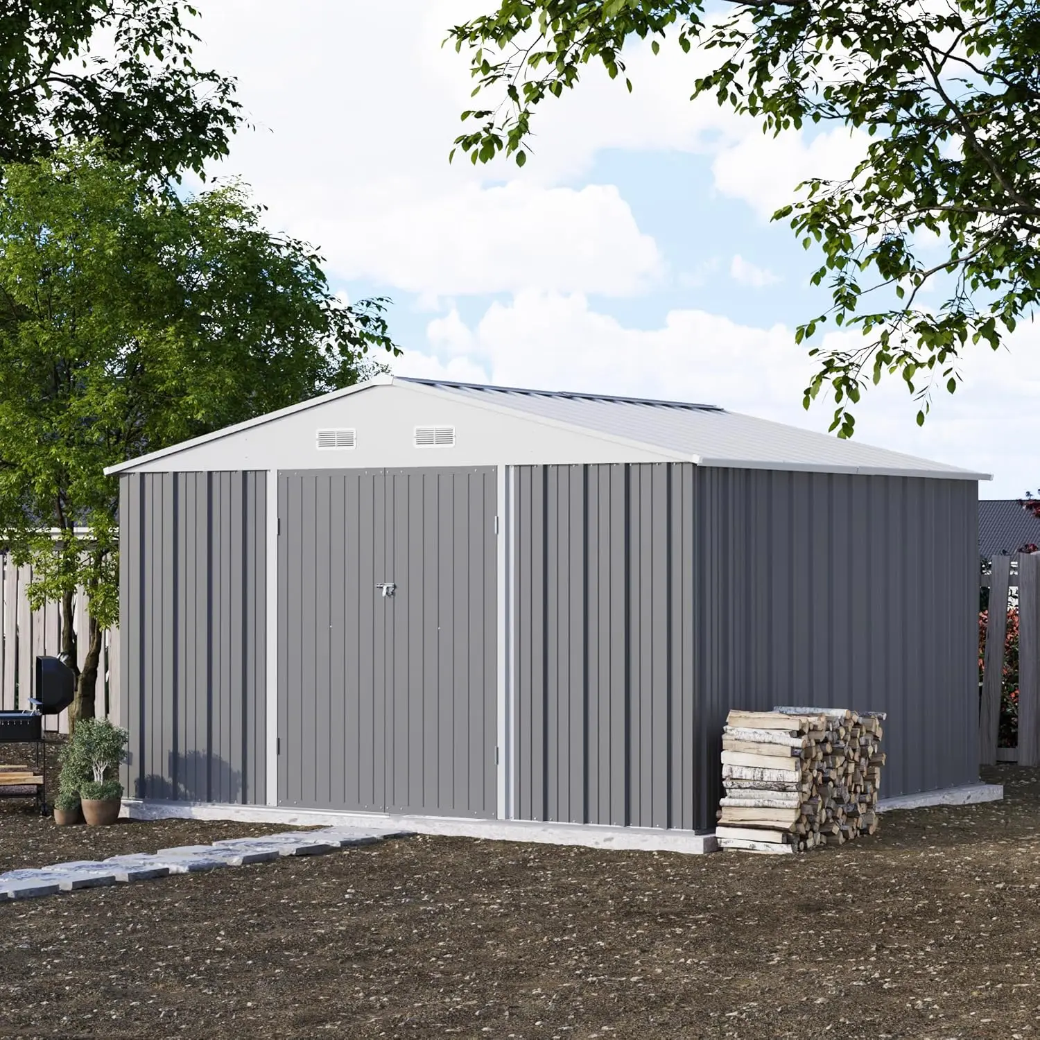 10 'x 10' metal storage shed, steel courtyard with lockable door design, garden, backyard, terrace, outdoor utilities, grey