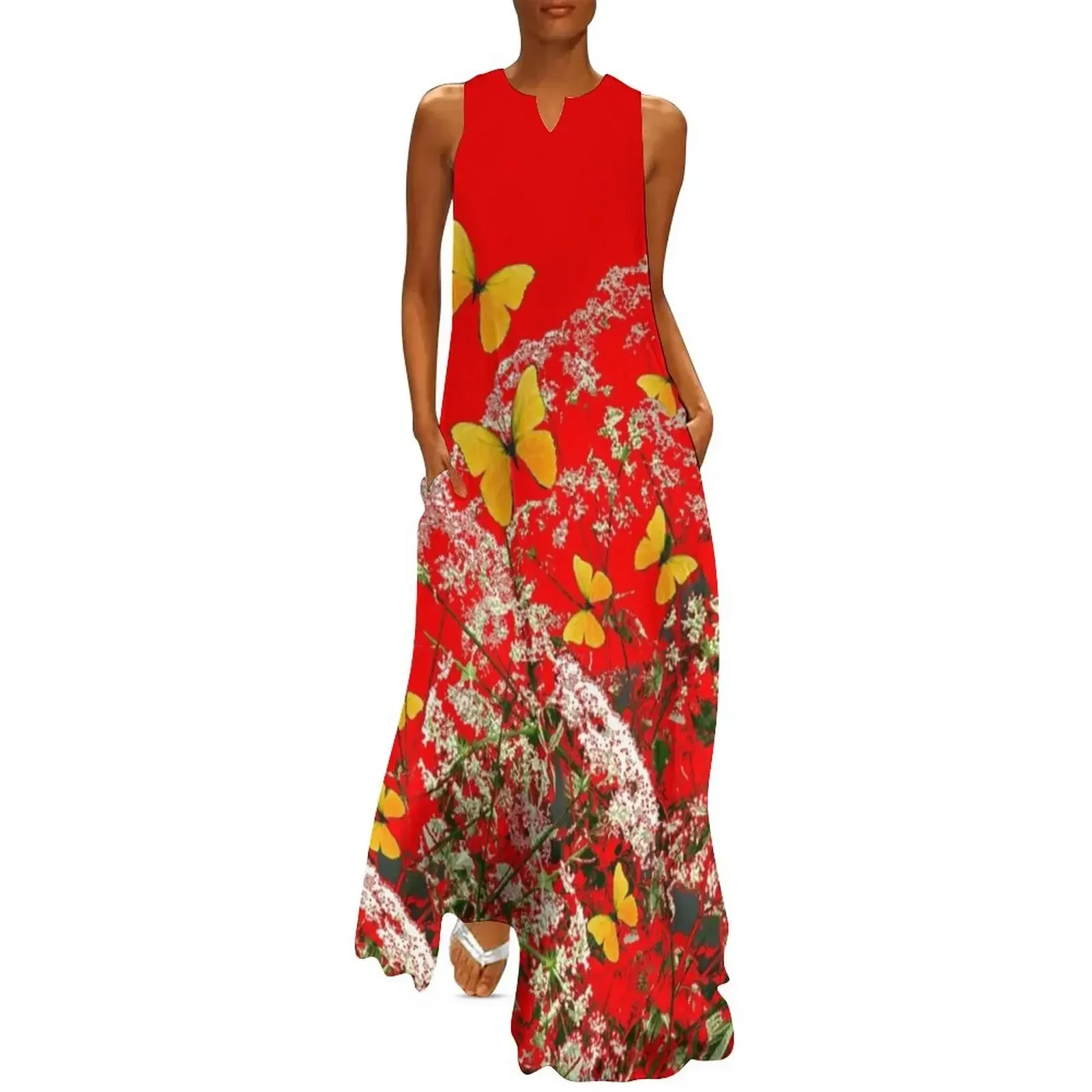 

RED GARDEN ART OF YELLOW BUTTERFLIES Long Dress ladies dresses for women 2025 Woman clothes dresses ladies 2025 summer Dress