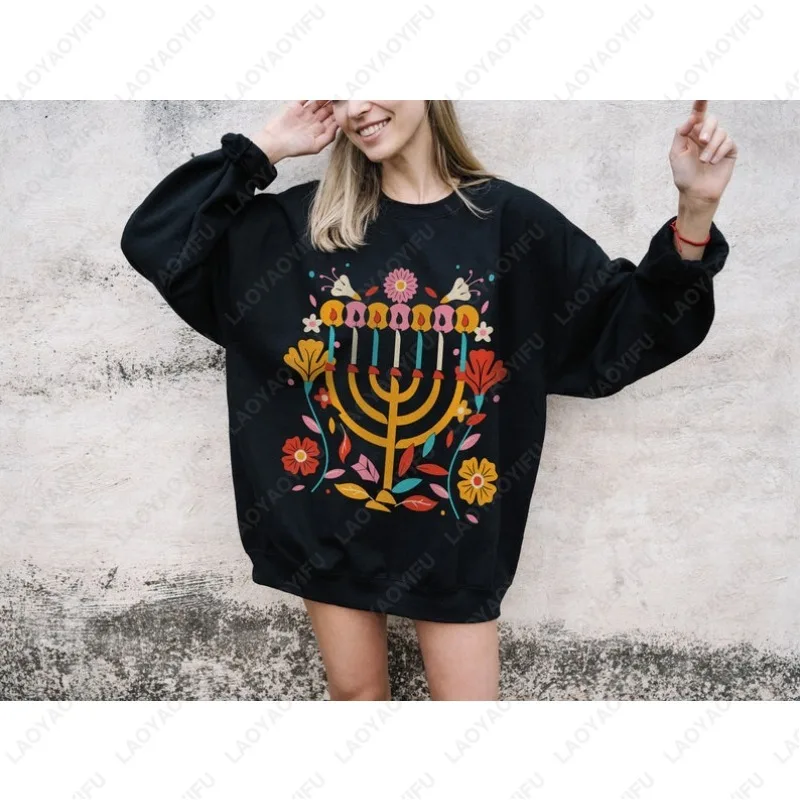 Lit for Hanukkah Menorah Christmukkah Hoodie Men Women Aesthetic Vintage Classics Sweatshirt Harajuku Commuter Long Sleeve Tops