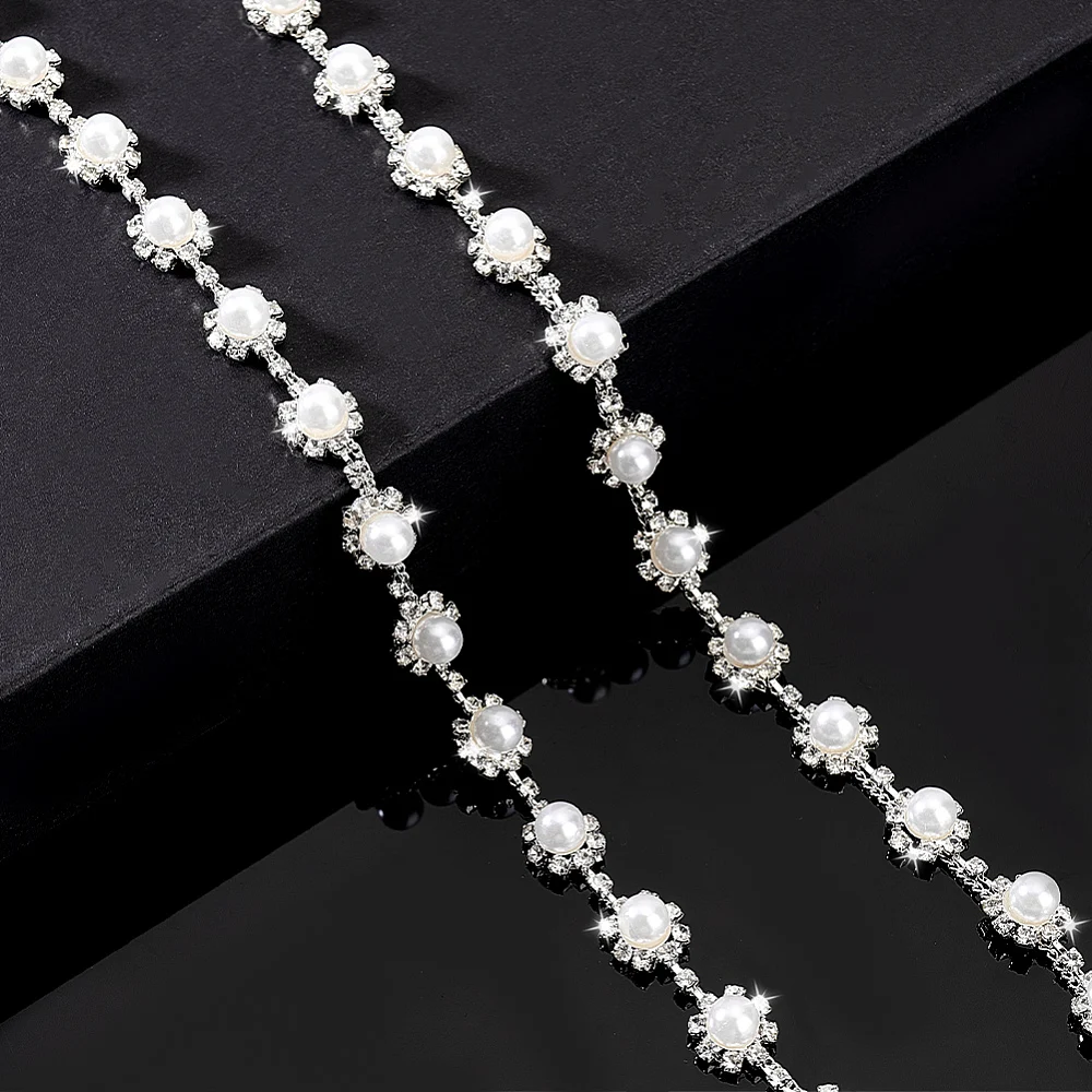 0.9 Yards Rhinestone Pearl Flower Chain 0.4 inch Wide Trim Rhinestone Chain Trim Chain Pearl Trim Applique for Wedding Dress