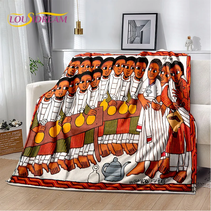 Ethiopian Art Painting Cartoon Africa Plush Blanket,Flannel Blanket Throw Blanket for Living Room Bedroom Bed Sofa Picnic Hiking