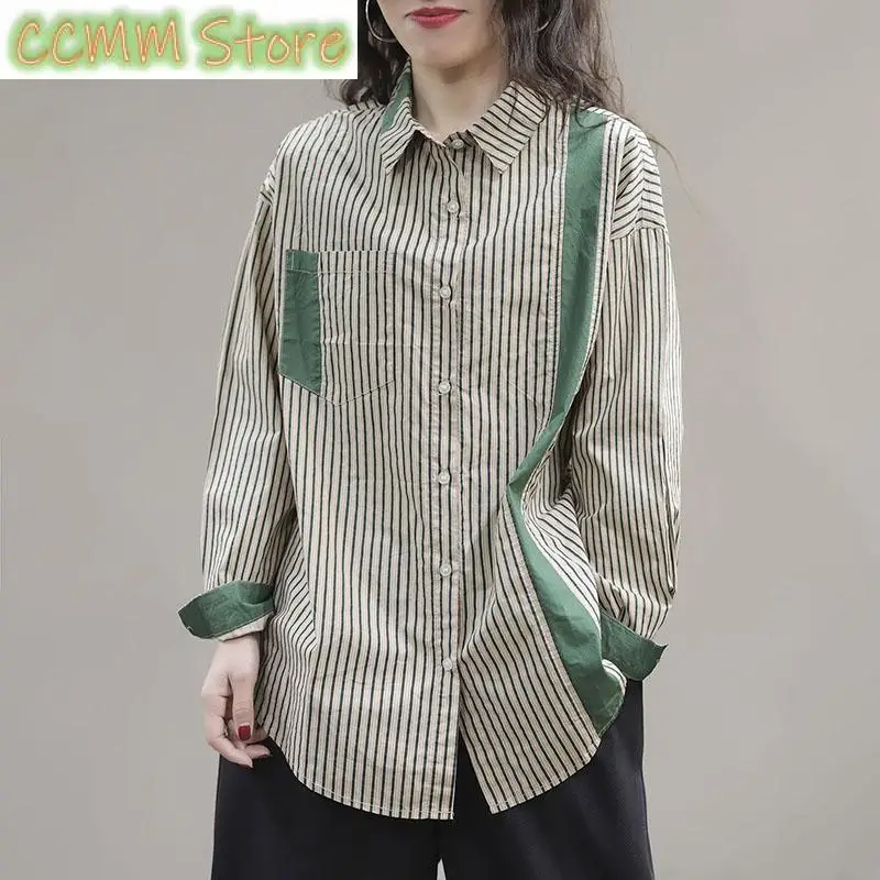 

Модная полосатая рубашка с свободными карманами и принтом, женская одежда, новые повседневные топы на весну и осень, блузка с длинным рукавом