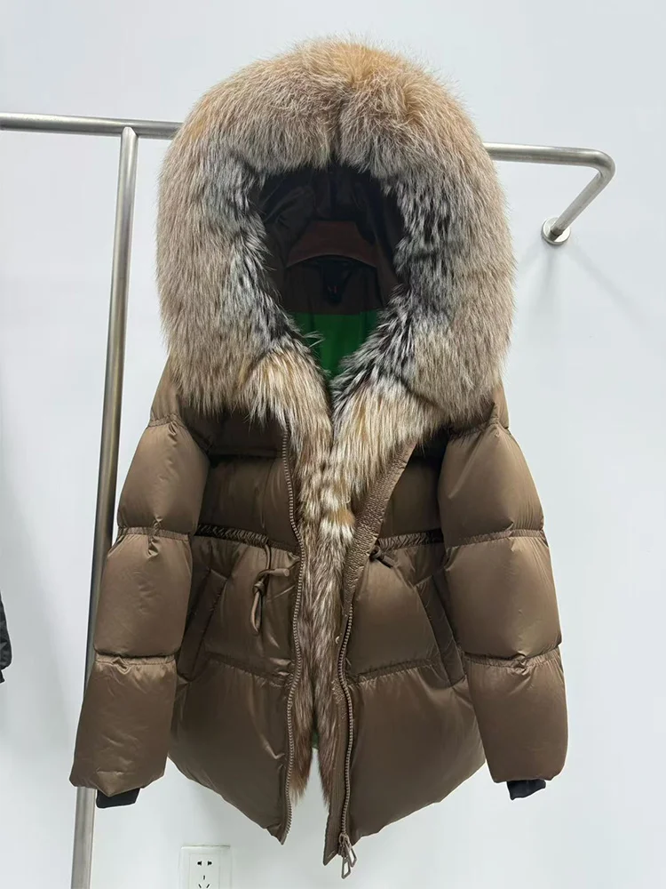 Inverno real gola de pele de raposa com capuz grosso ganso para baixo jaqueta natural casaco feminino outwear luxo quente rússia puffer jaquetas